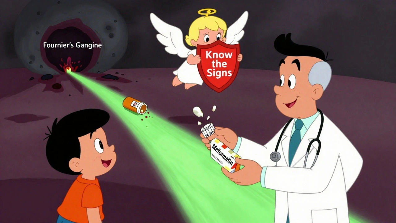 Doctor gives new diabetes pill as old one crumbles, dark infection recedes while green path of health glows.