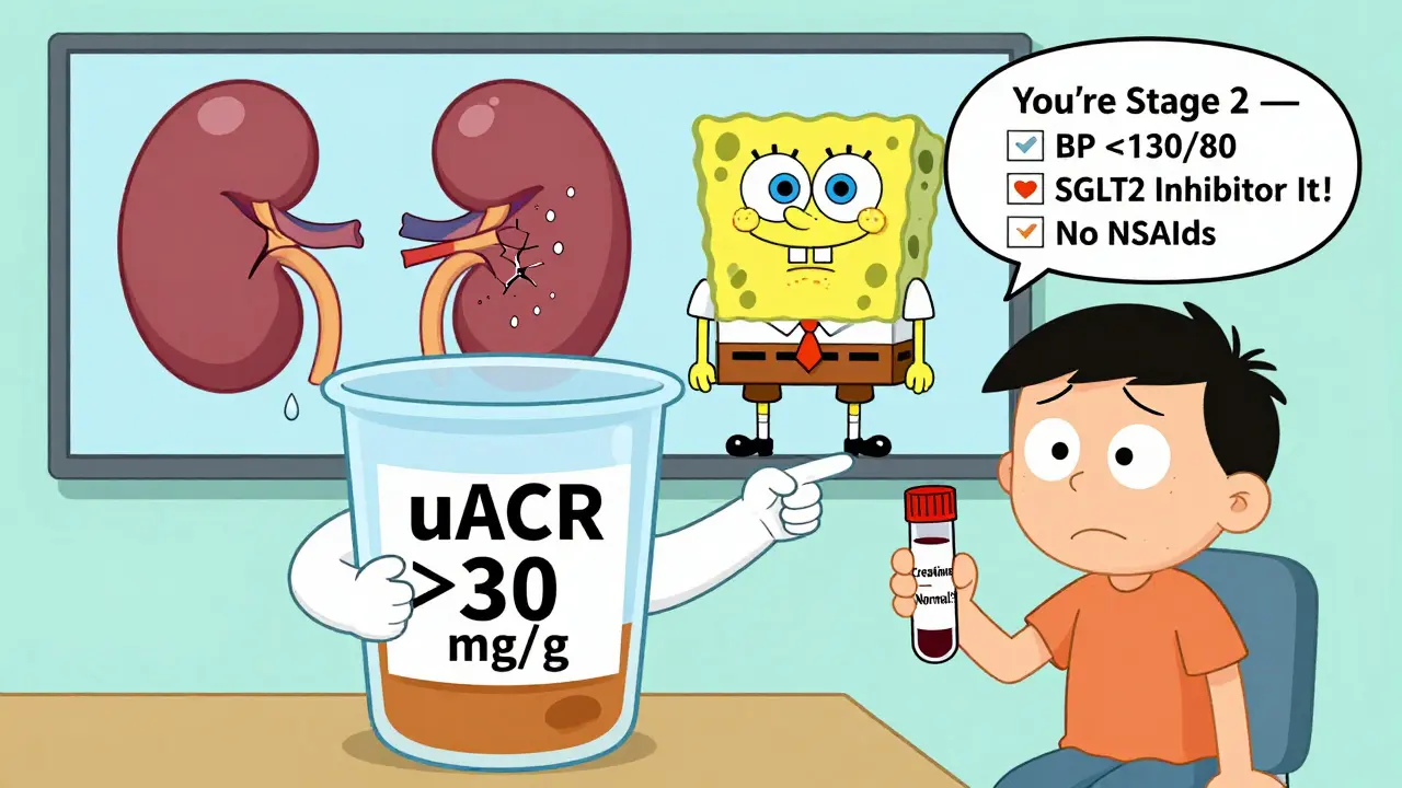 Doctor points to urine test as patient holds blood vial, with two contrasting kidneys shown.