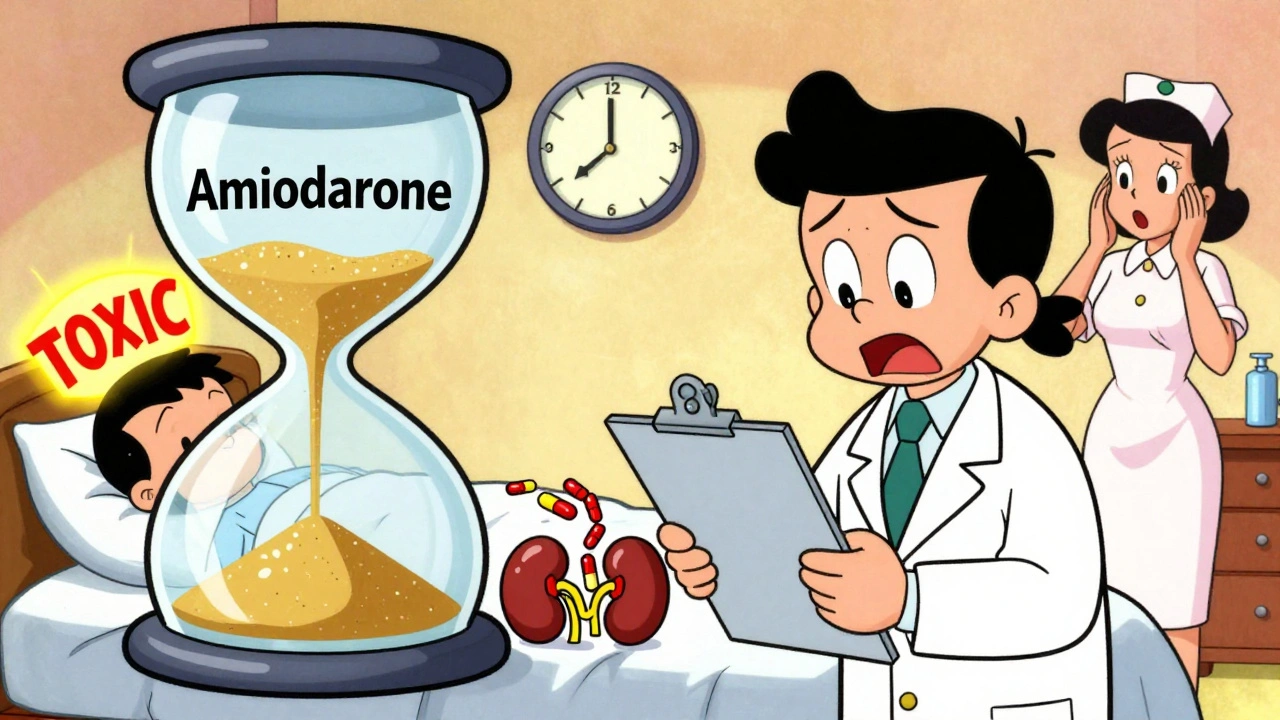 Doctor watches amiodarone sand fill a kidney, causing digoxin pills to pile up dangerously.