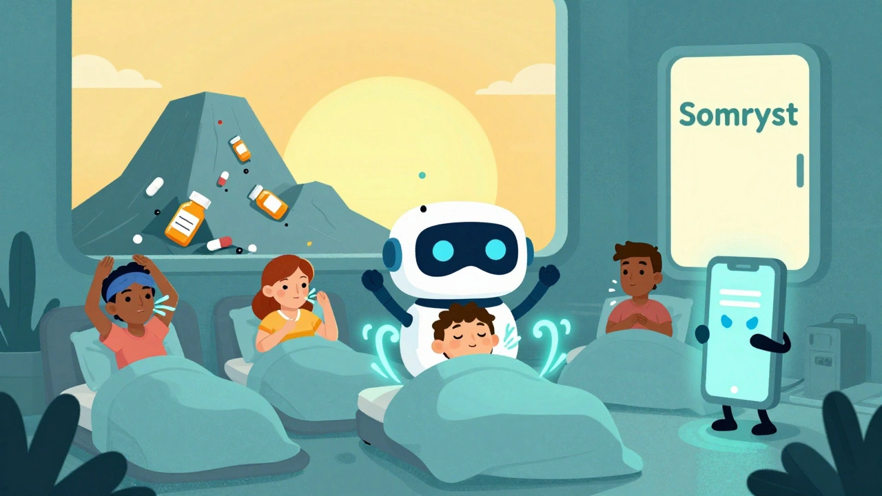 Friendly robot app guiding people to sleep without pills, as old medication bottles crumble.