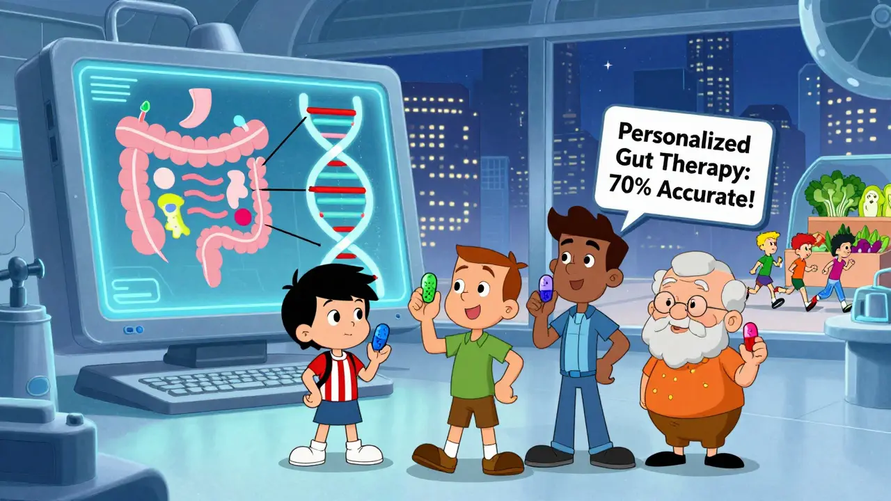 Futuristic lab showing personalized probiotic pills matched to individual gut microbiome maps.
