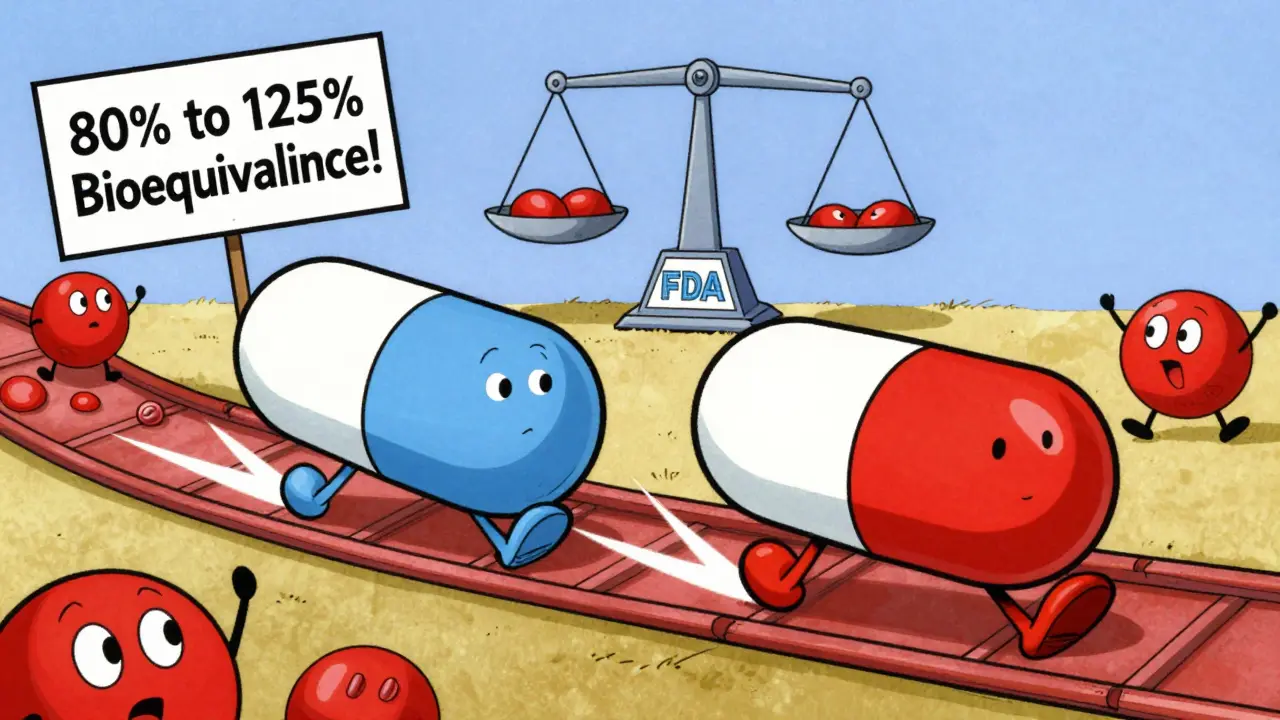 Generic and brand pills race through a blood vessel with identical trails, cheered on by red blood cells in 1960s cartoon style.