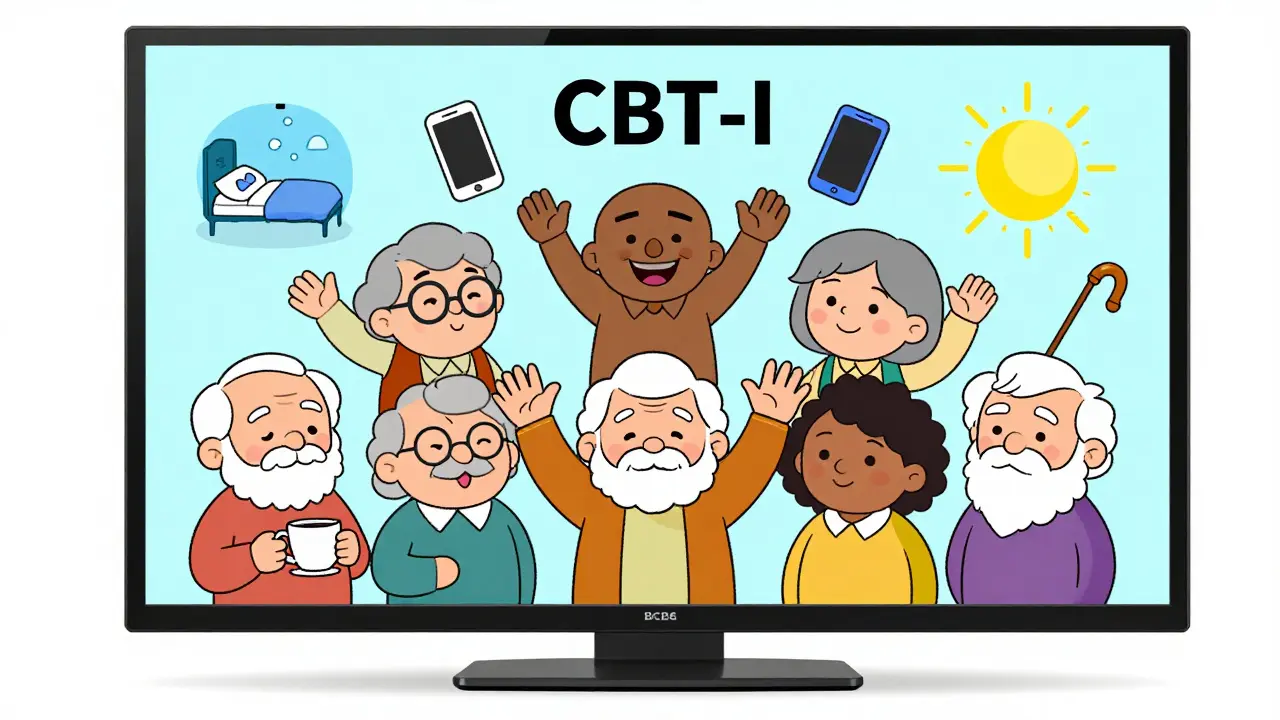 Group of seniors in virtual CBT-I session with floating sleep hygiene icons like sun, moon, and no-phone symbol.