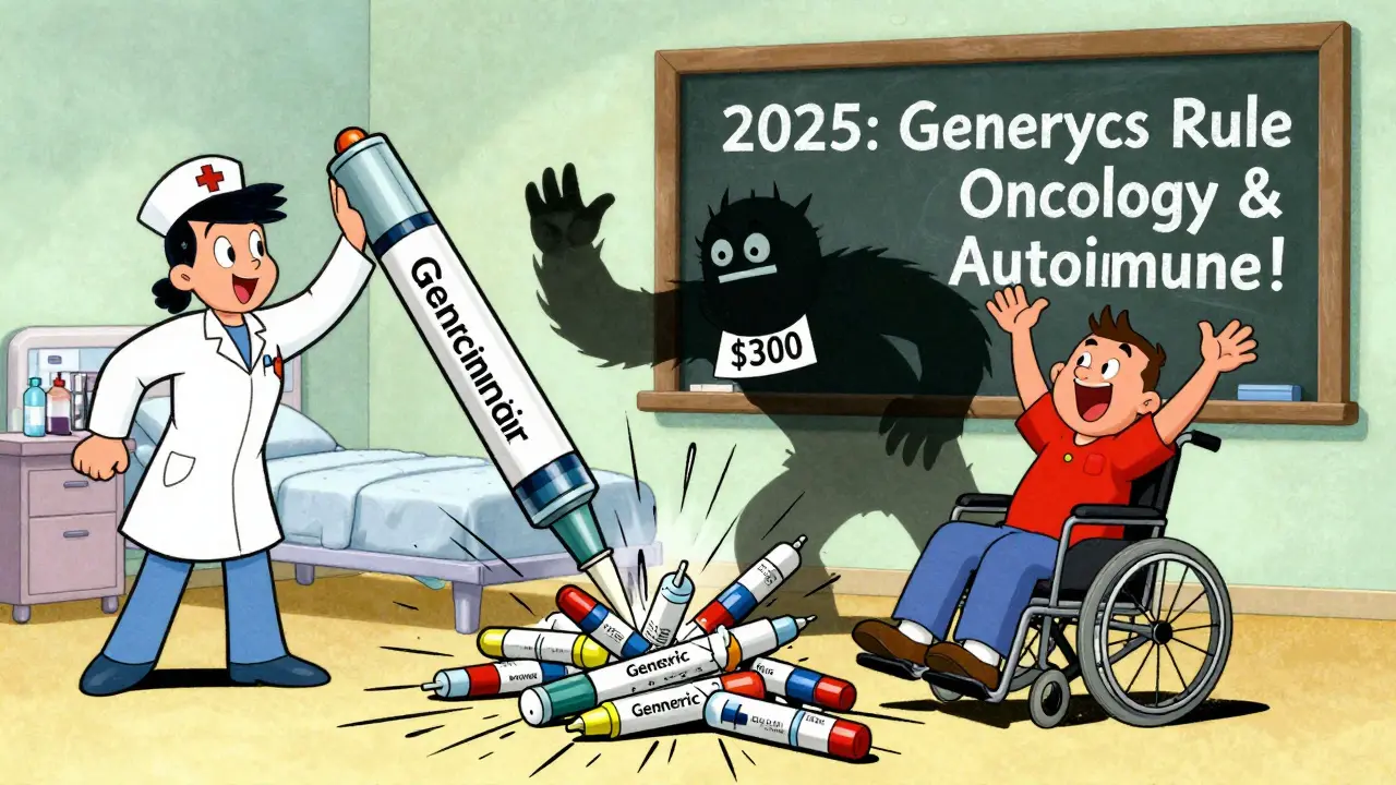 Hospital staff celebrating generic insulin pens while crushing a branded drug monster