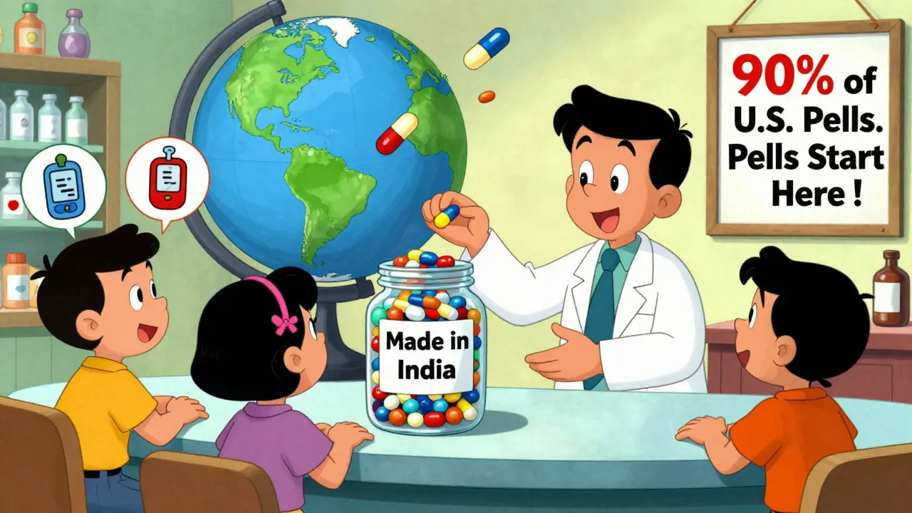 Indian pharmacy dispensing pills to patients with global supply arrows in vibrant cartoon style