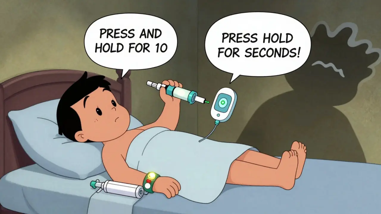 Medical bracelet glows as voice-guided injector administers dose with second ready