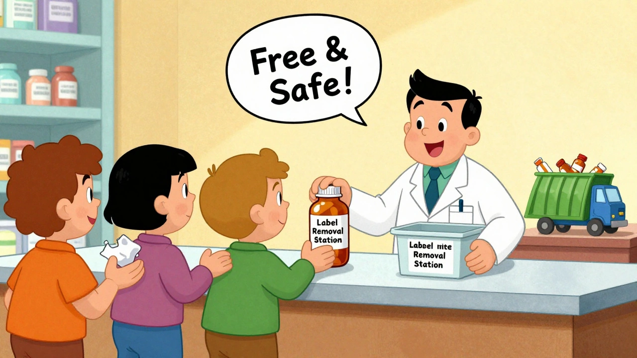 Pharmacist accepting empty pill bottles at a free label removal station.