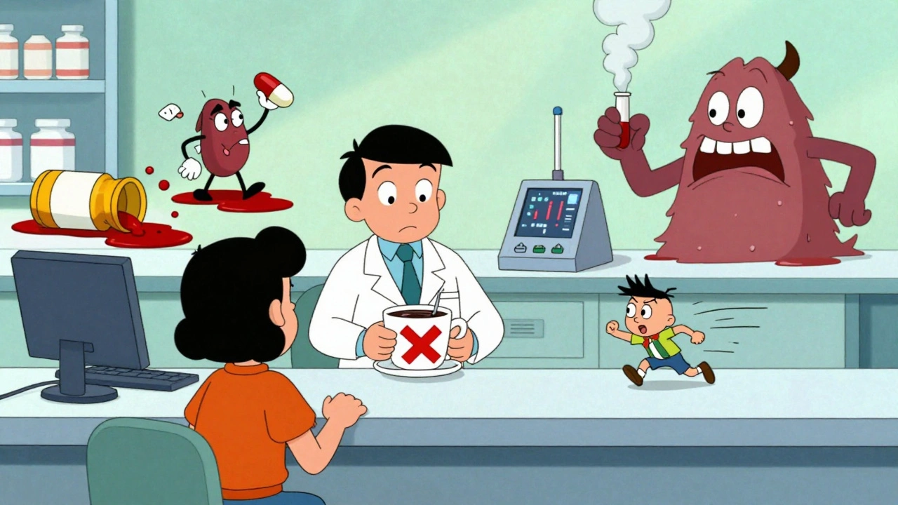 Pharmacist gives coffee warning sign while meds chaos unfolds in background