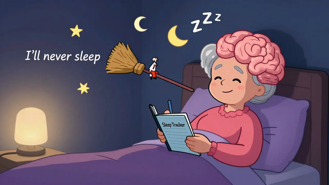 Senior woman tracking sleep in notebook, cartoon brain guided by CBT-I coach past negative thoughts.