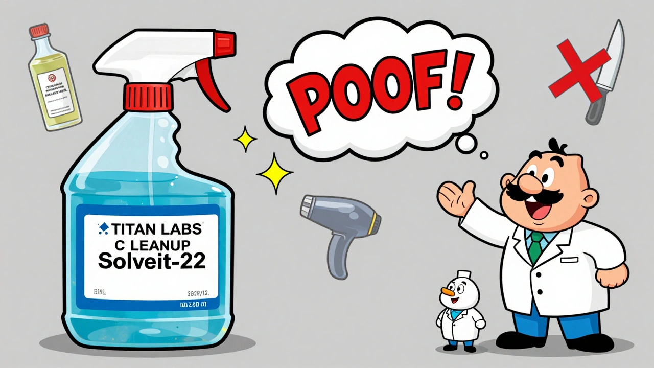 Solvent spray dissolving a pill bottle label cleanly, leaving the bottle reusable.