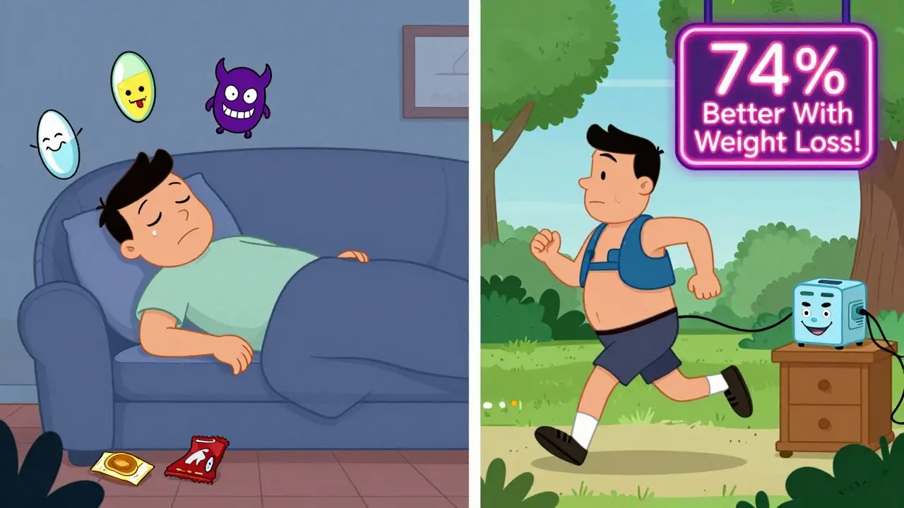 Split cartoon scene: tired man eating junk food vs. healthy man jogging after good CPAP sleep.