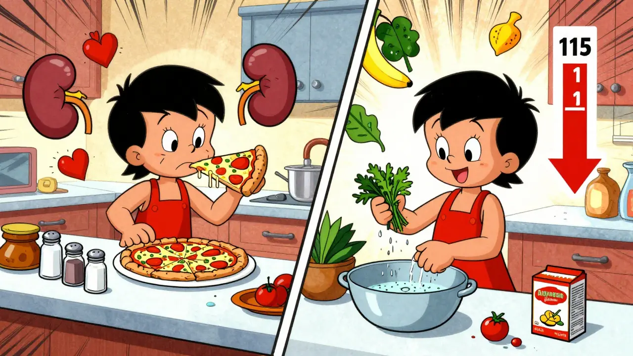 Split kitchen scene: unhealthy vs healthy eating, blood pressure dropping with herb and bean icons.