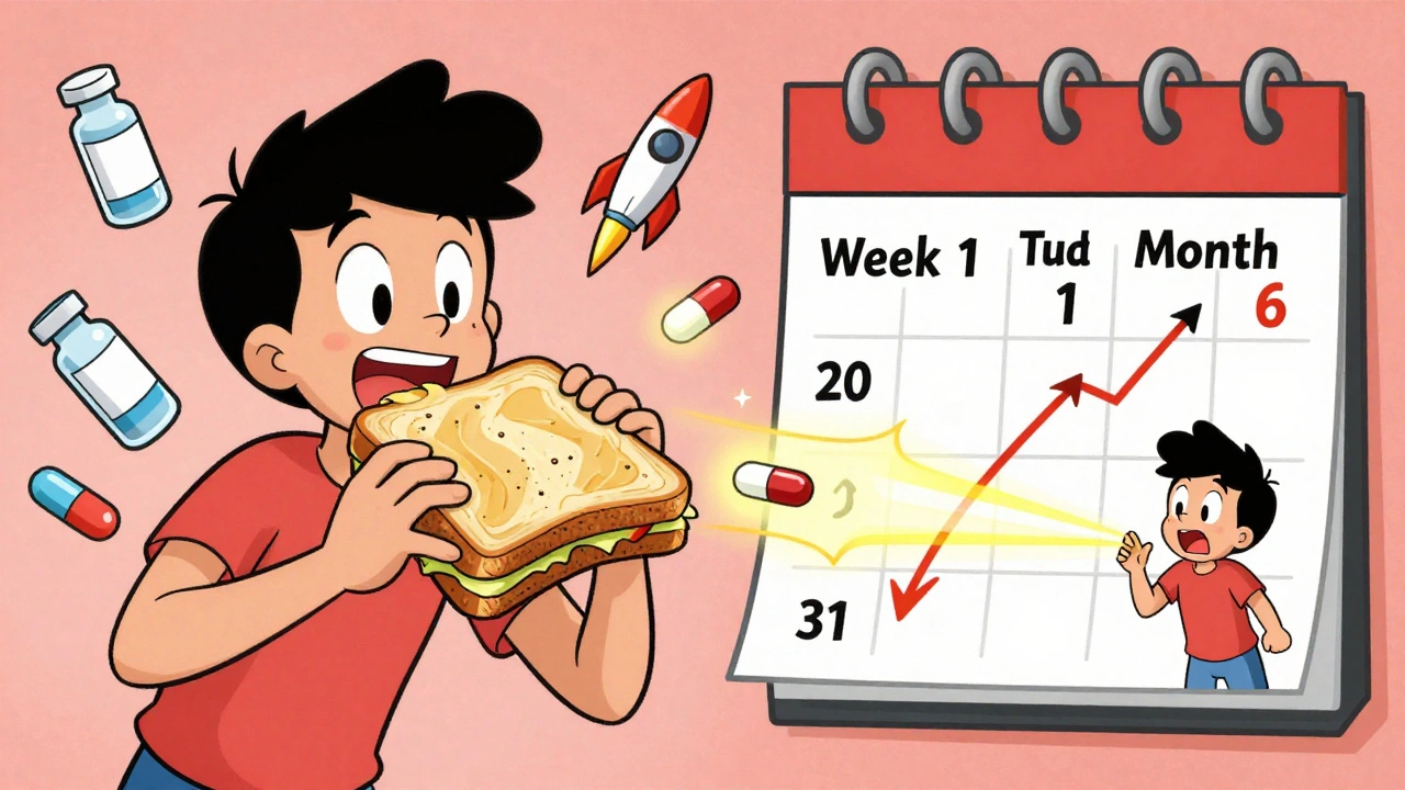 Split scene showing weight gain from one medication and weight loss from another, in classic cartoon style.