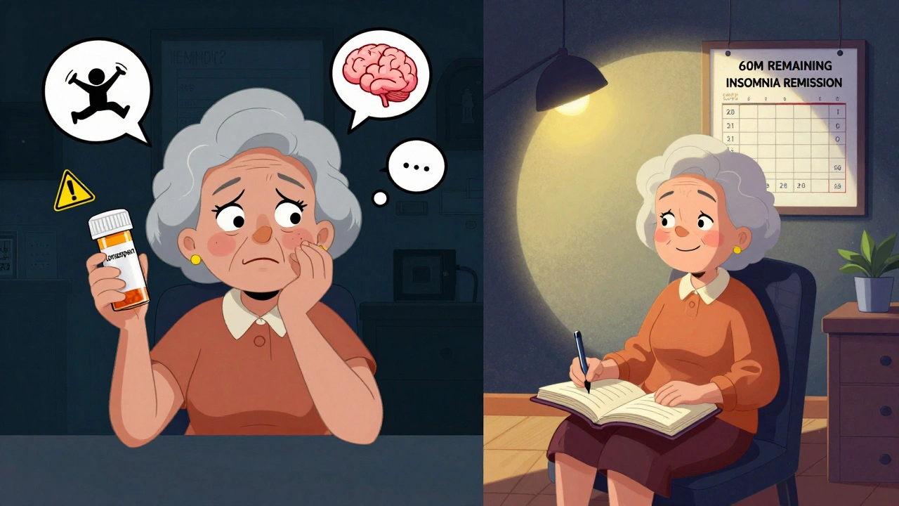 Woman torn between dangerous sleep meds and calm CBT-I practices in a split scene.