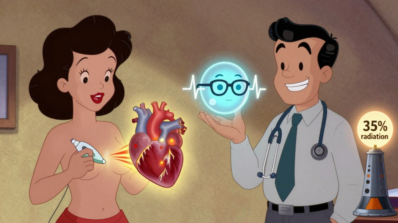 Woman using ultrasound on a cartoon heart while AI analyzes heart waves in retro style.