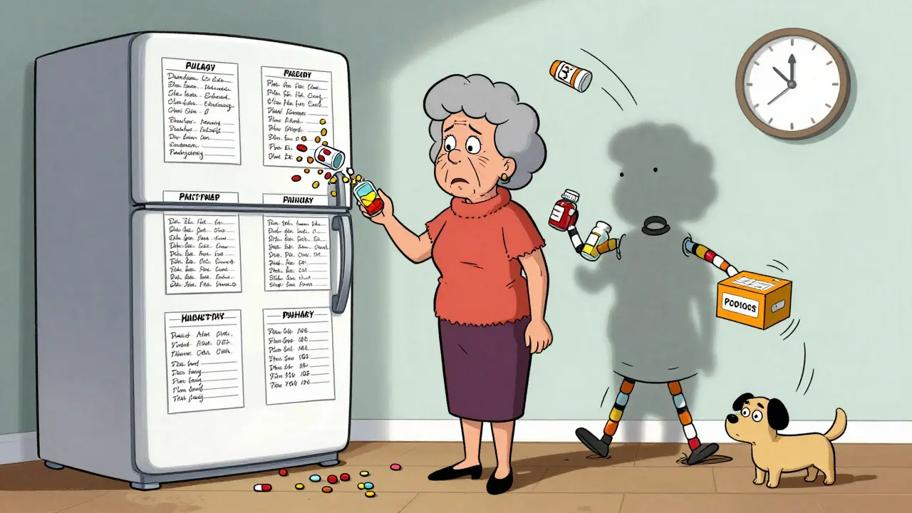 Woman with fridge covered in pill charts, shadow shaped like a walking pharmacy.