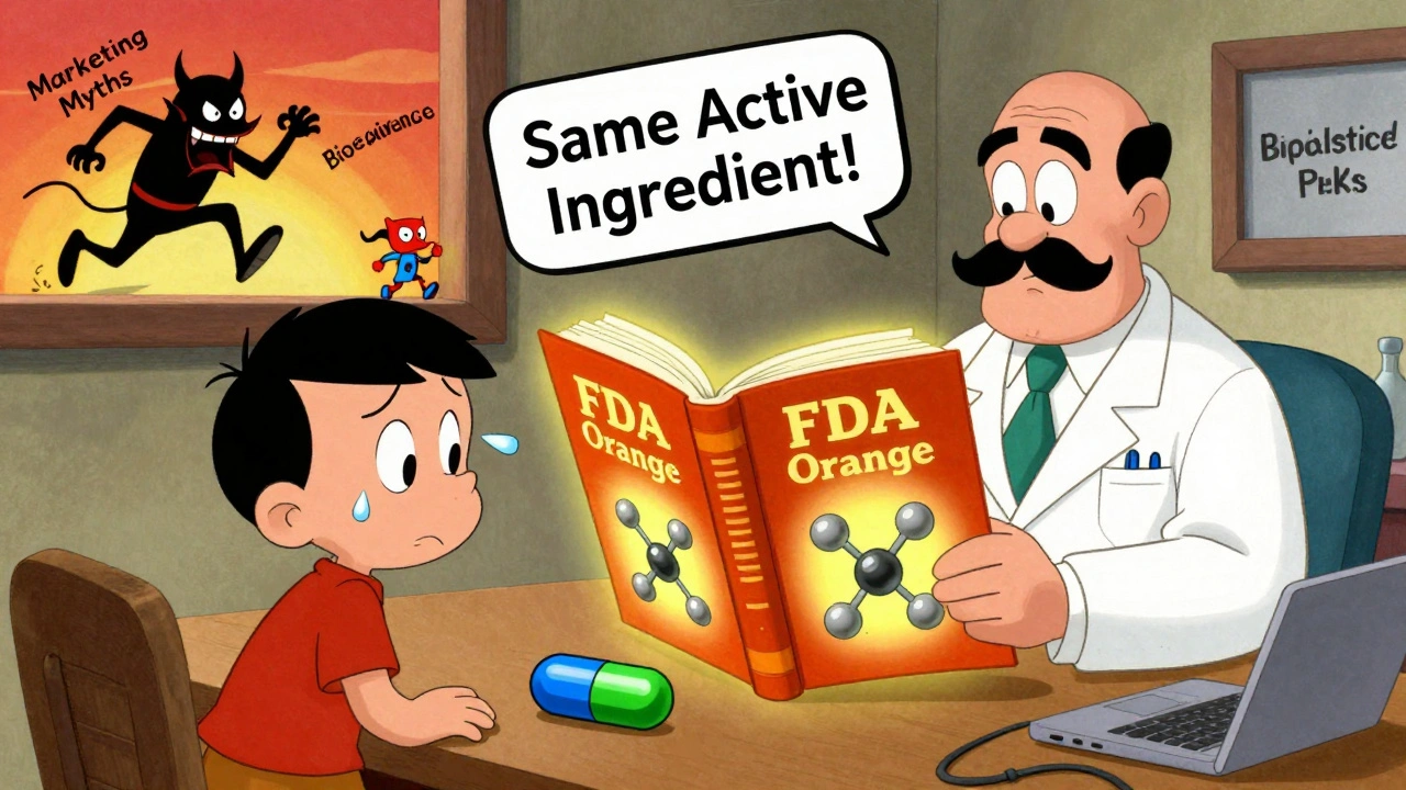 Worried patient shown a glowing FDA book by a calm pharmacist, myths fleeing.