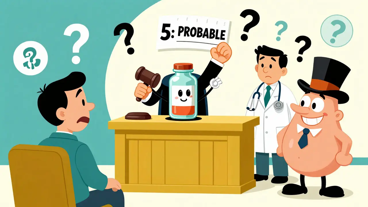 A cartoon drug bottle stands trial with a judge holding a 'Probable' scorecard, surrounded by medical icons and witnesses.