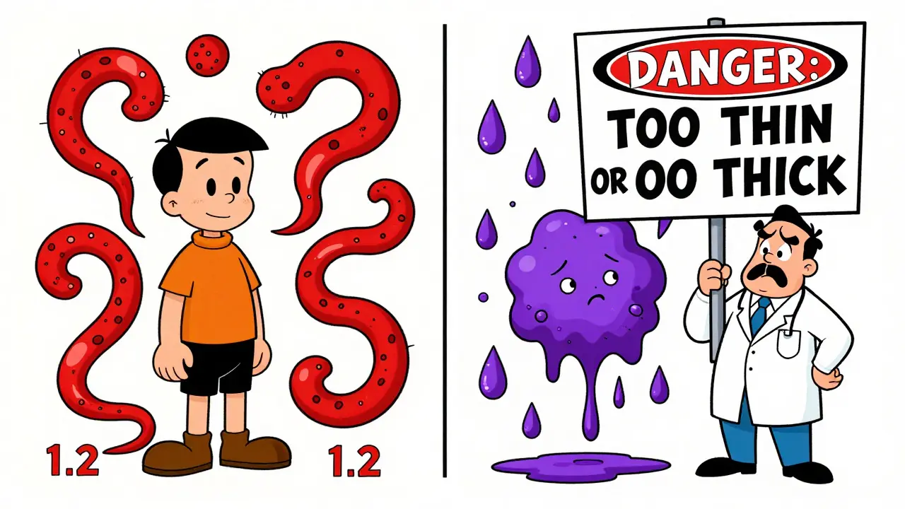 A cartoon split-screen showing dangerous low and high INR levels with exaggerated clots and bruises.