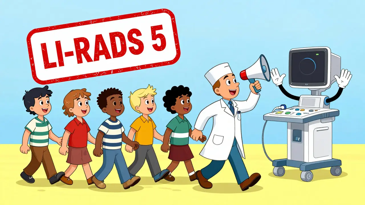 A cheerful navigator guides patients past ultrasound machines and a LI-RADS stamp in bright cartoon style.