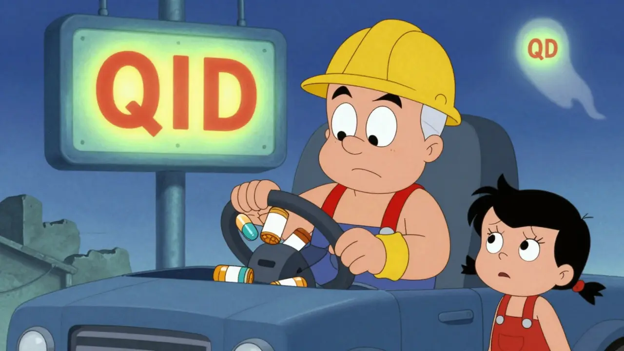 A drowsy driver with multiple pill bottles in his lap, while a QID label glows dangerously in the background.