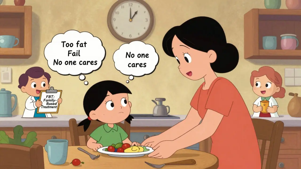 A mother offering food to her child while negative thoughts swirl above, with doctors watching supportively.