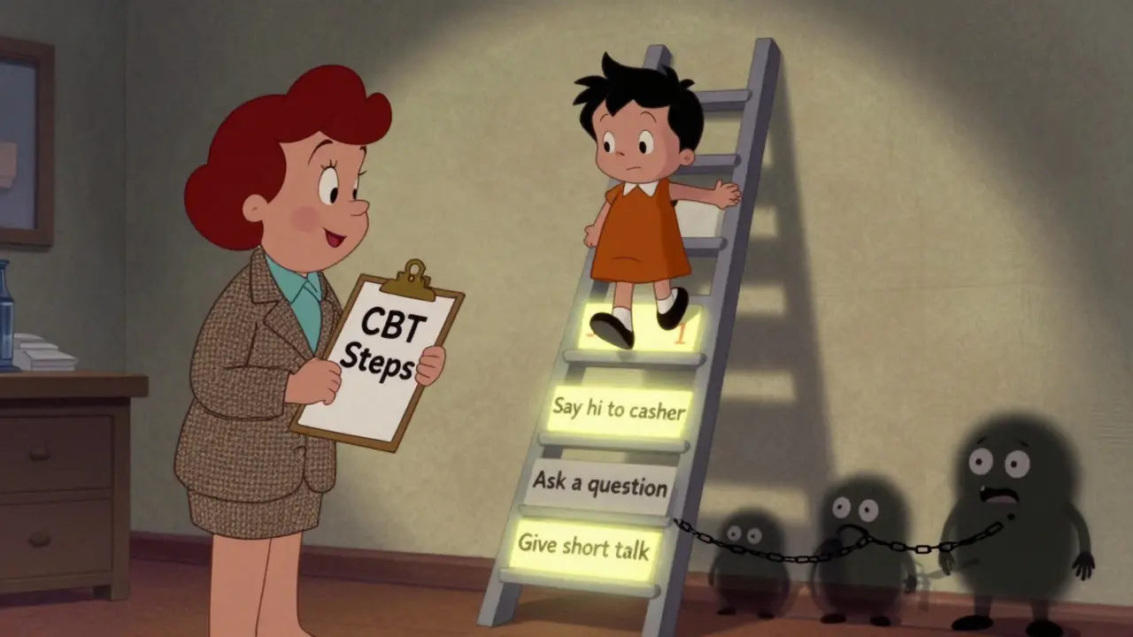 A patient climbing a step-by-step ladder toward confidence with a supportive therapist.