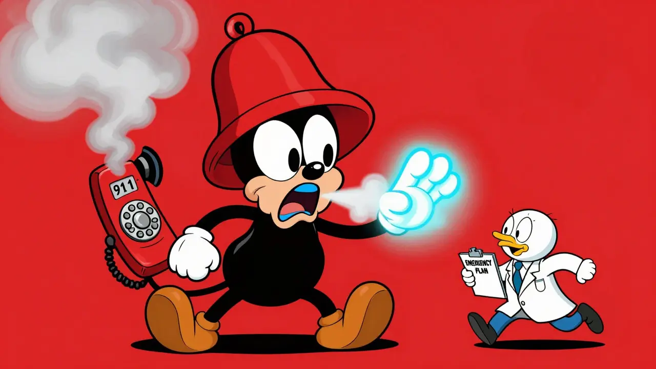 A person in distress with red alarm bells and emergency signs in the red zone of their asthma action plan.