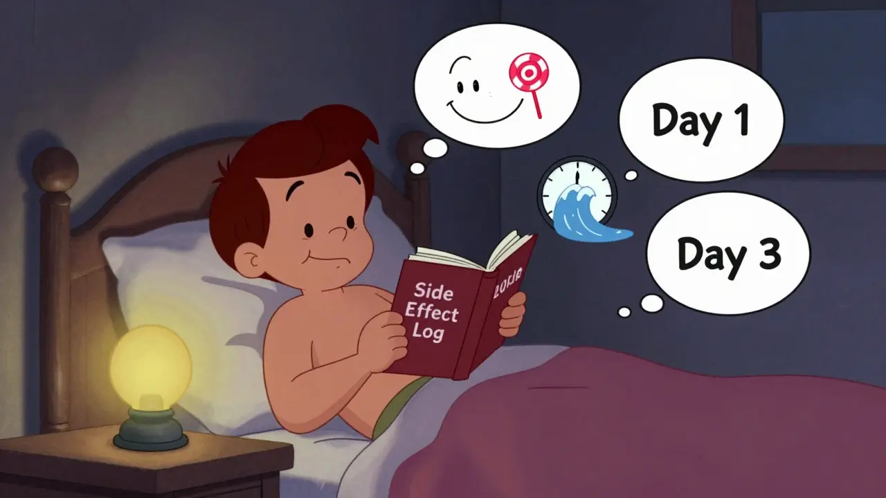 A person journaling at night with thought bubbles showing improved side effects, lit by a soft nightlight in a cozy bedroom.