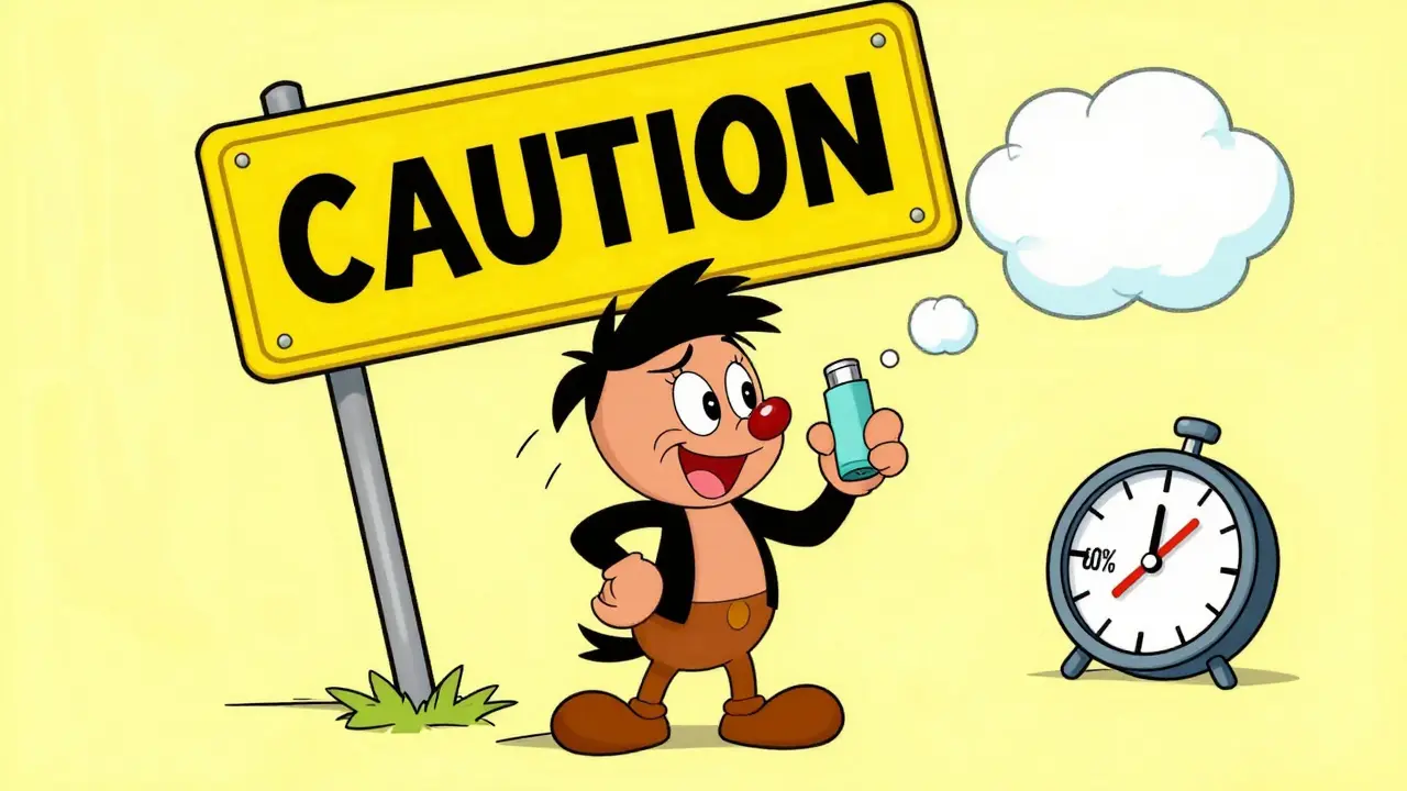 A person using an inhaler with warning signs and a dropping peak flow meter in the yellow zone.