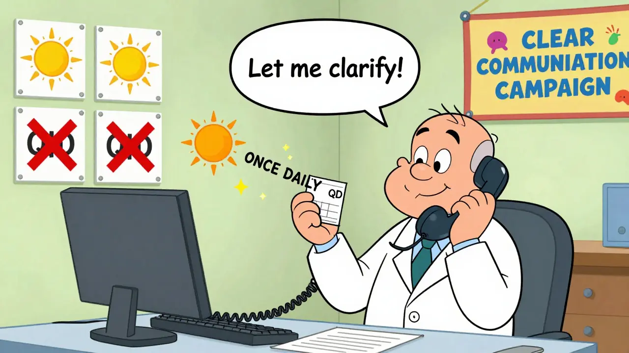 A pharmacist clarifying a prescription as QD transforms into 'once daily' with sun icons and warning signs.