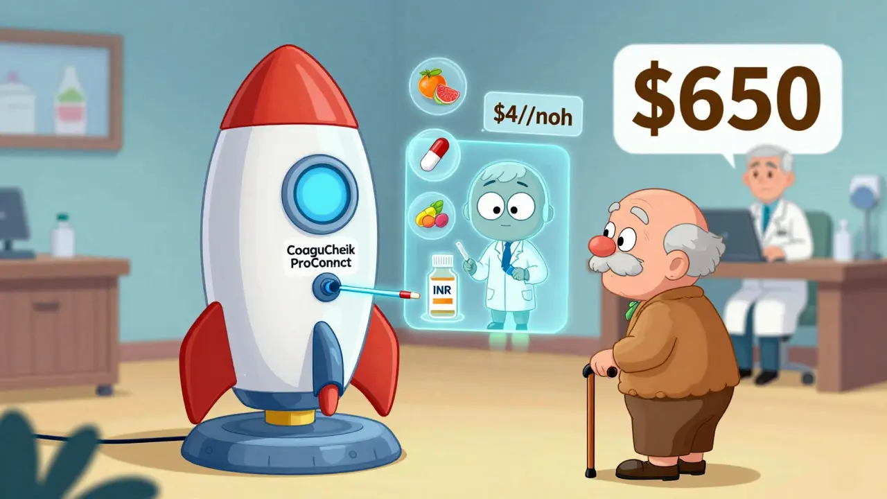 A retro-futuristic home INR device sending results to a doctor, with an AI assistant and cost icons floating nearby.