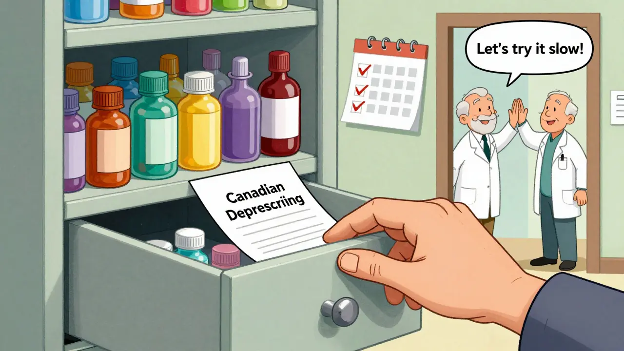 A senior pulls out deprescribing guidelines from a cluttered medicine cabinet while healthcare pros smile in the background.