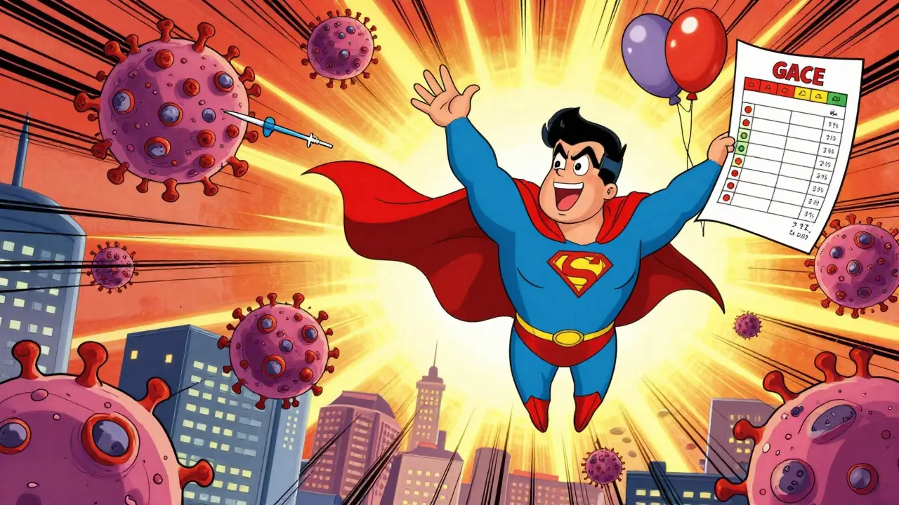A superhero liver flies over a city, dropping cancer-fighting tools as a glowing sunrise rises.