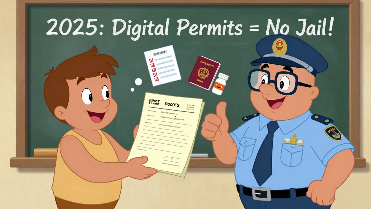 A traveler happily handing documents to a friendly officer with a 'No Jail' chalkboard in the background.