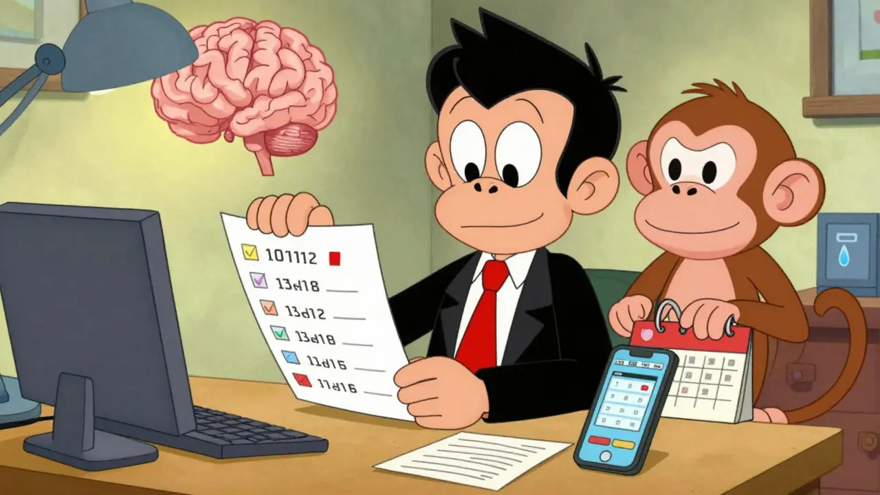 Adult using timers and apps while a monkey brain wears a suit and holds a calendar.