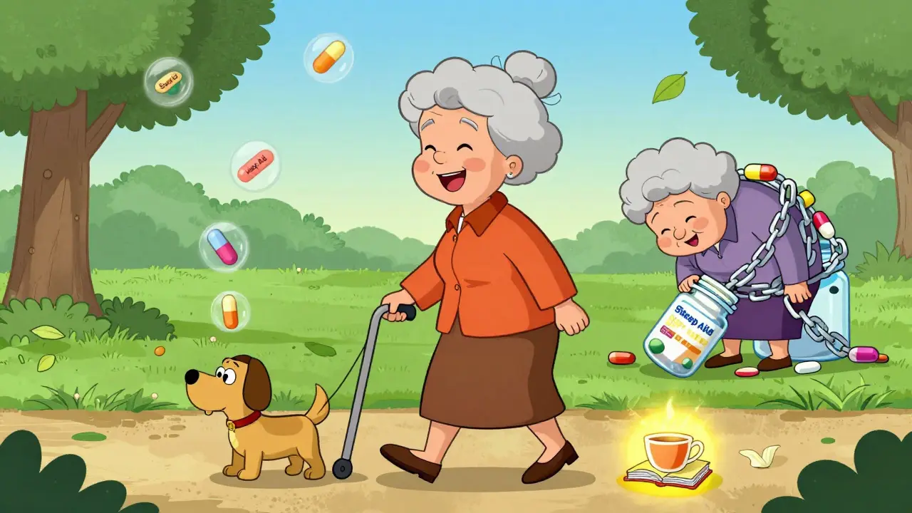 An elderly woman walks her dog freely in the park as unnecessary pills fall away like leaves.