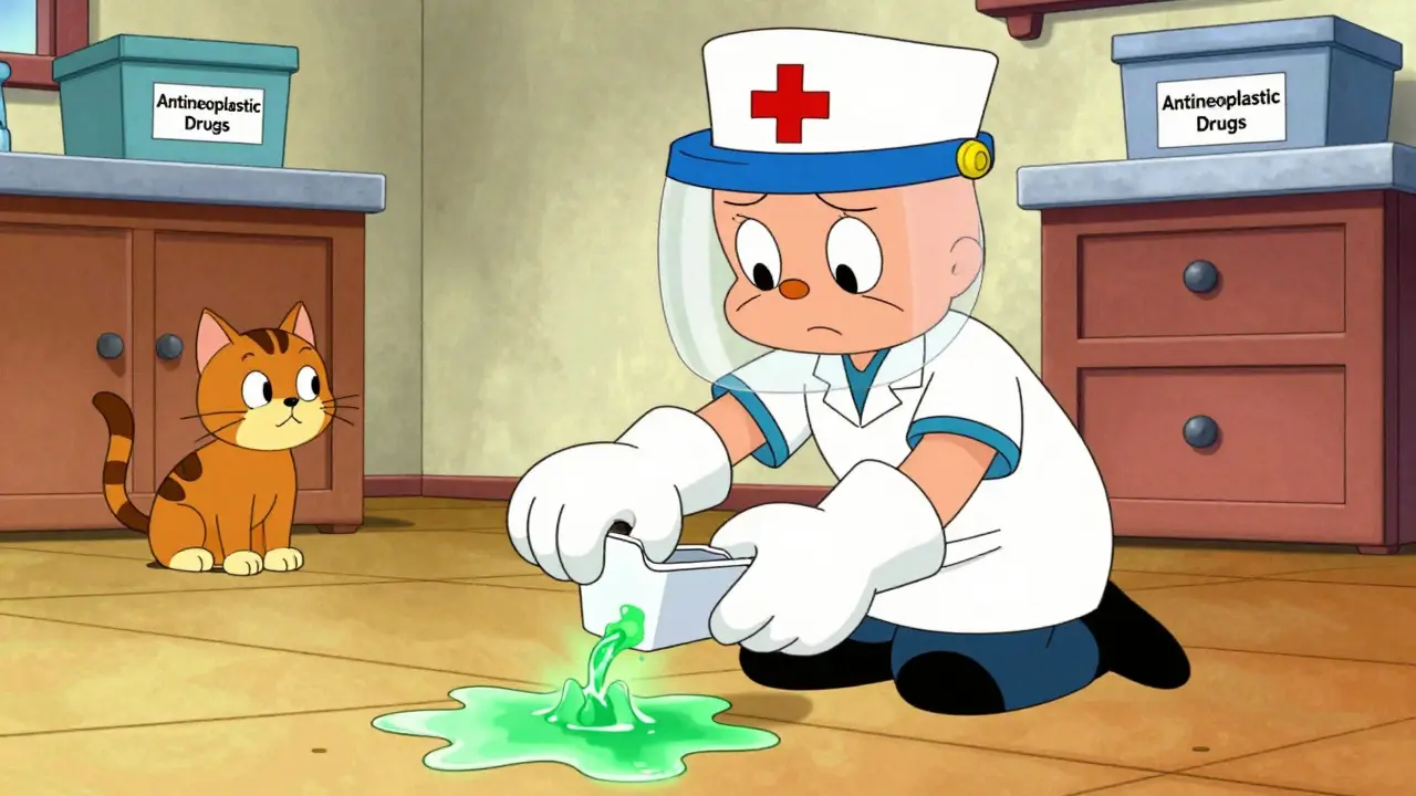 Caregiver in oversized gloves cleans glowing chemo spill at home with labeled kit, cat watching, locked storage box nearby