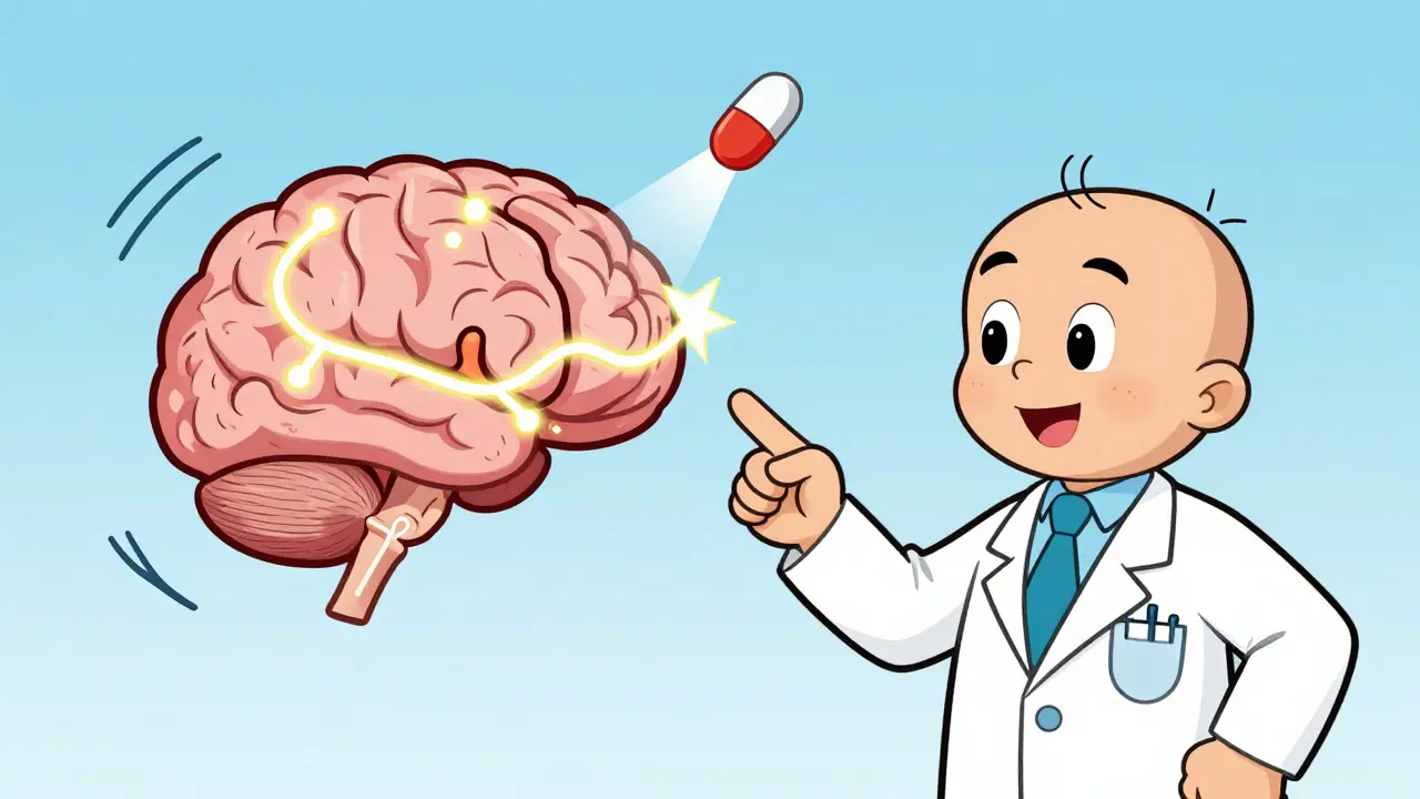 Cartoon brain with broken neural connection being fixed by a glowing propranolol pill.