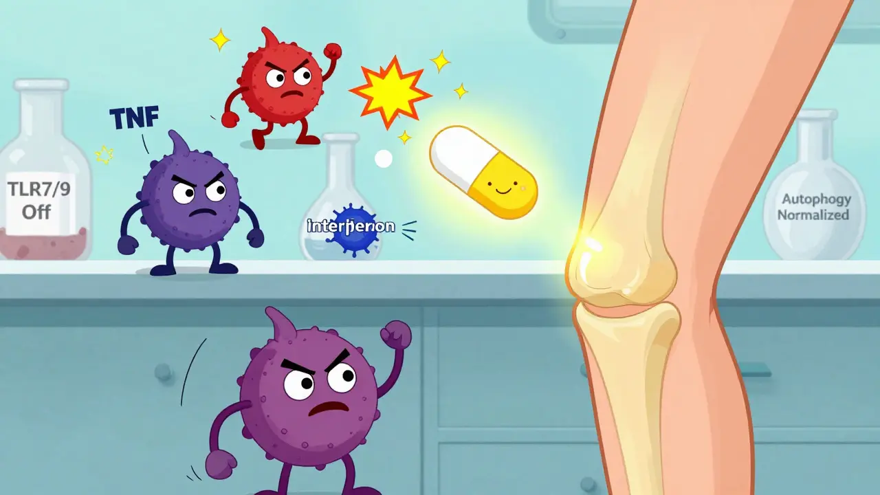 Cartoon immune monsters repelled by a smiling pill neutralizing inflammation symbols.