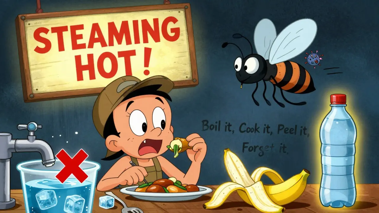 Cartoon traveler eating hot street food while mosquitoes flee from tap water and ice cubes marked with red Xs.