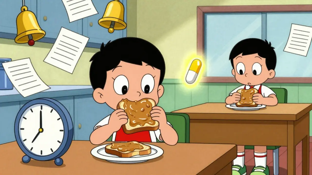 Child eating toast before school as stimulant pill activates calm focus.