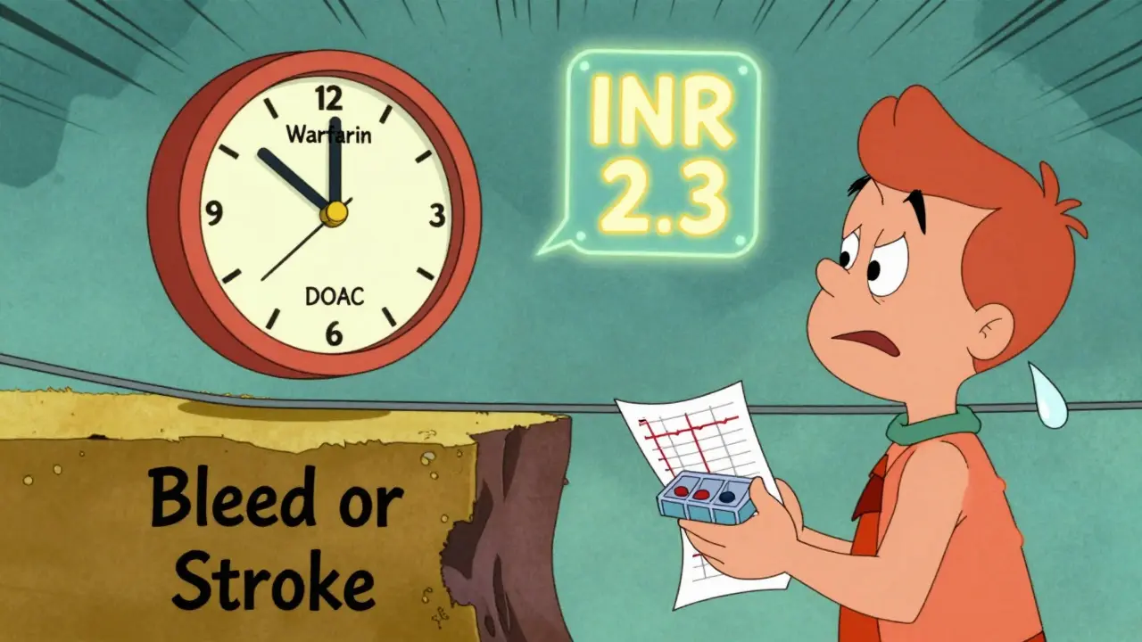Clocks racing on a tightrope over a bleed-or-stroke chasm as a patient watches, with INR numbers in background.