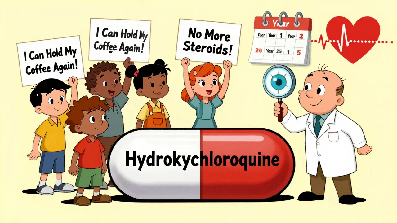 Diverse patients celebrate on a pill shield while an eye doctor checks a safe cartoon eye.