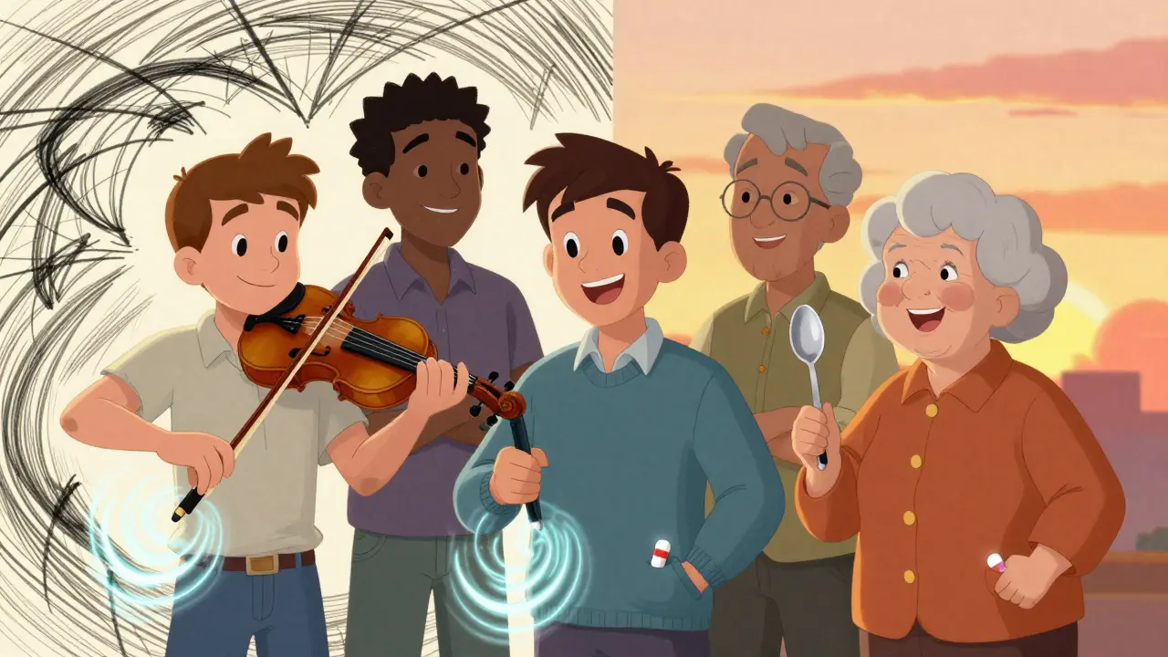 Diverse people holding objects steadily, with invisible medication waves calming their tremors.