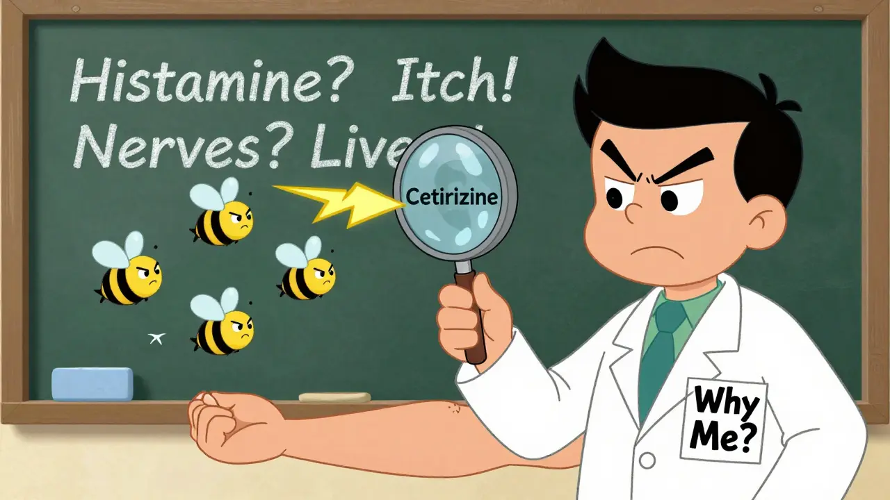 Doctor examining patient surrounded by angry pill characters representing drug causes of itching.