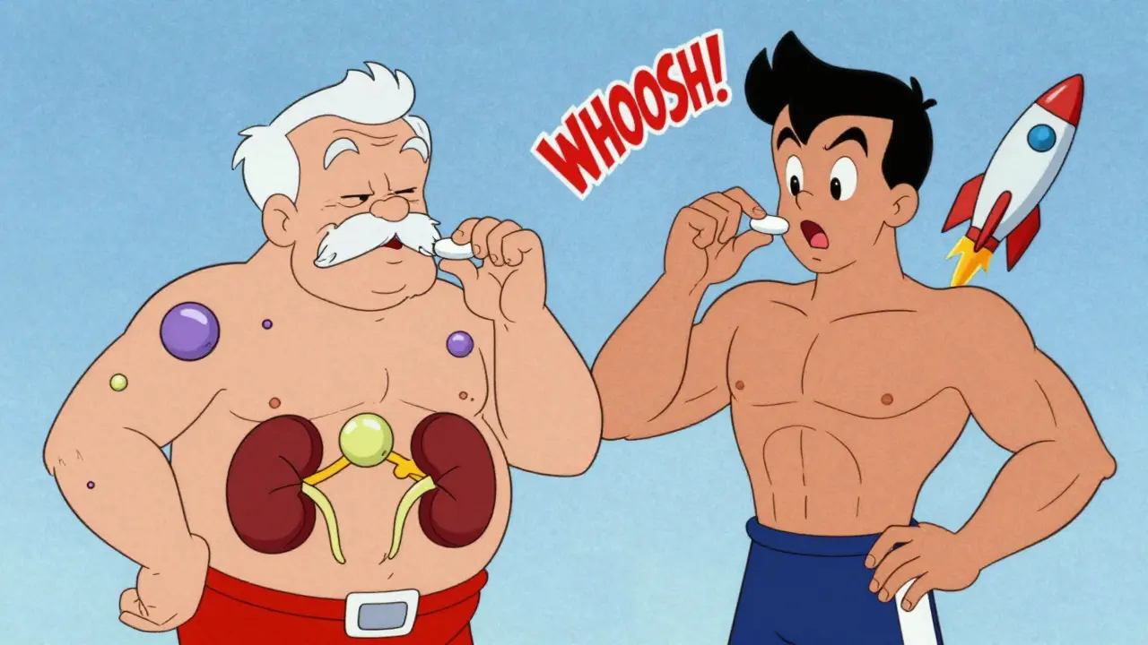 Elderly man and young athlete reacting differently to the same pill