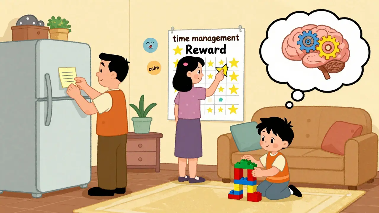 Family using visual tools like sticky notes and reward charts at home