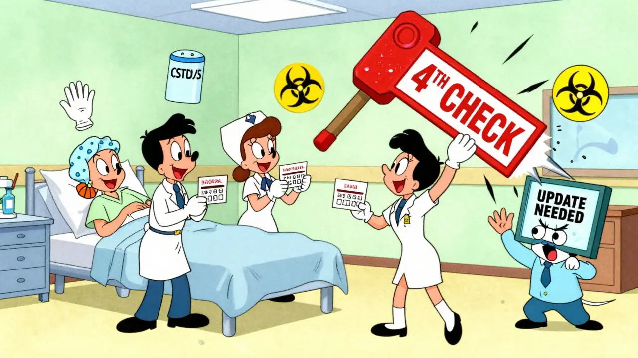 Four staff perform dramatic bedside verification with giant '4TH CHECK' stamp, floating safety icons and broken EHR screen