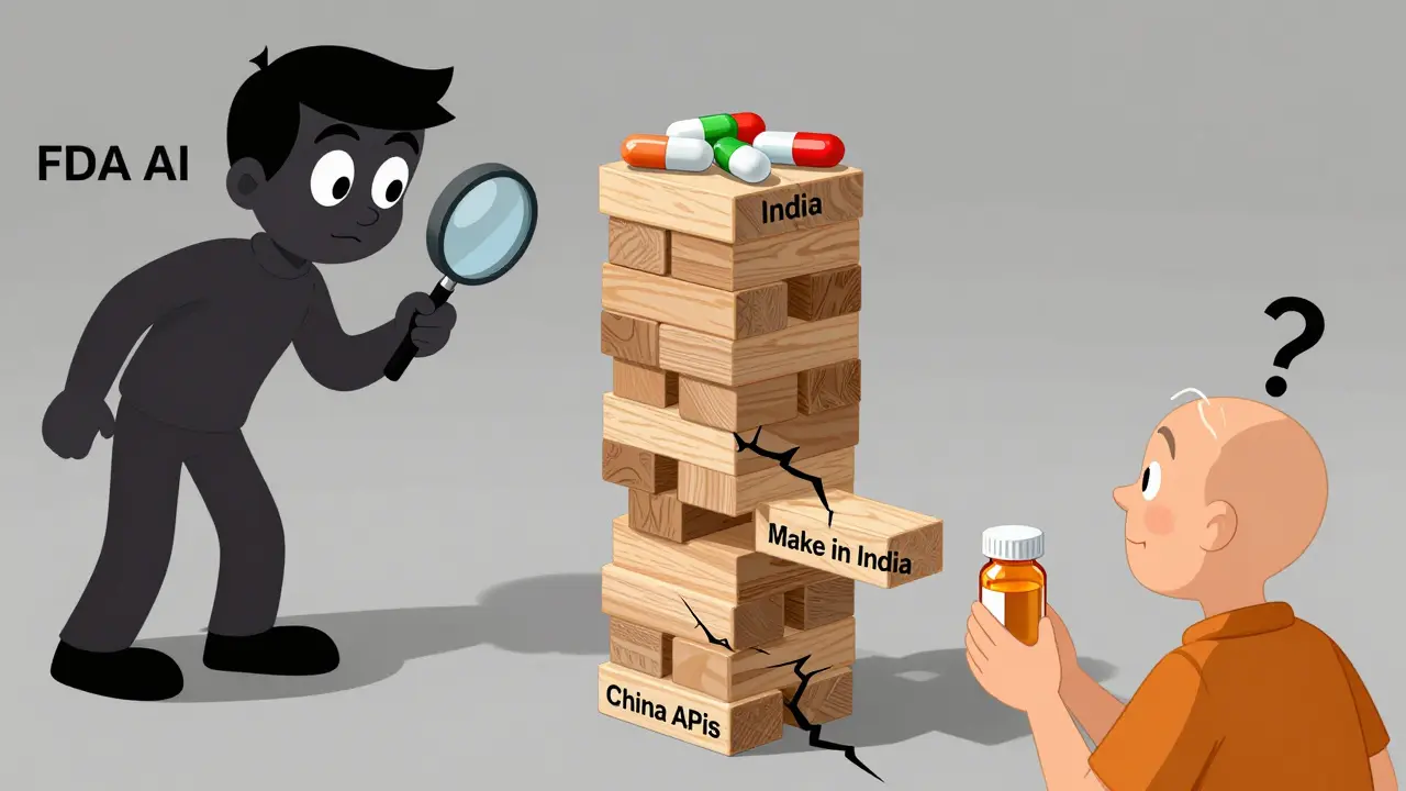 Jenga tower of medicine supply chain with China’s API block cracking, India trying to replace it, and FDA watching.